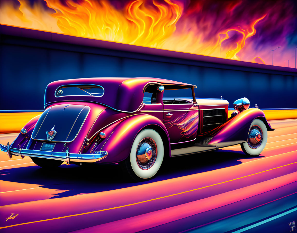 Vintage Car with Purple and Black Flames on Colorful Track