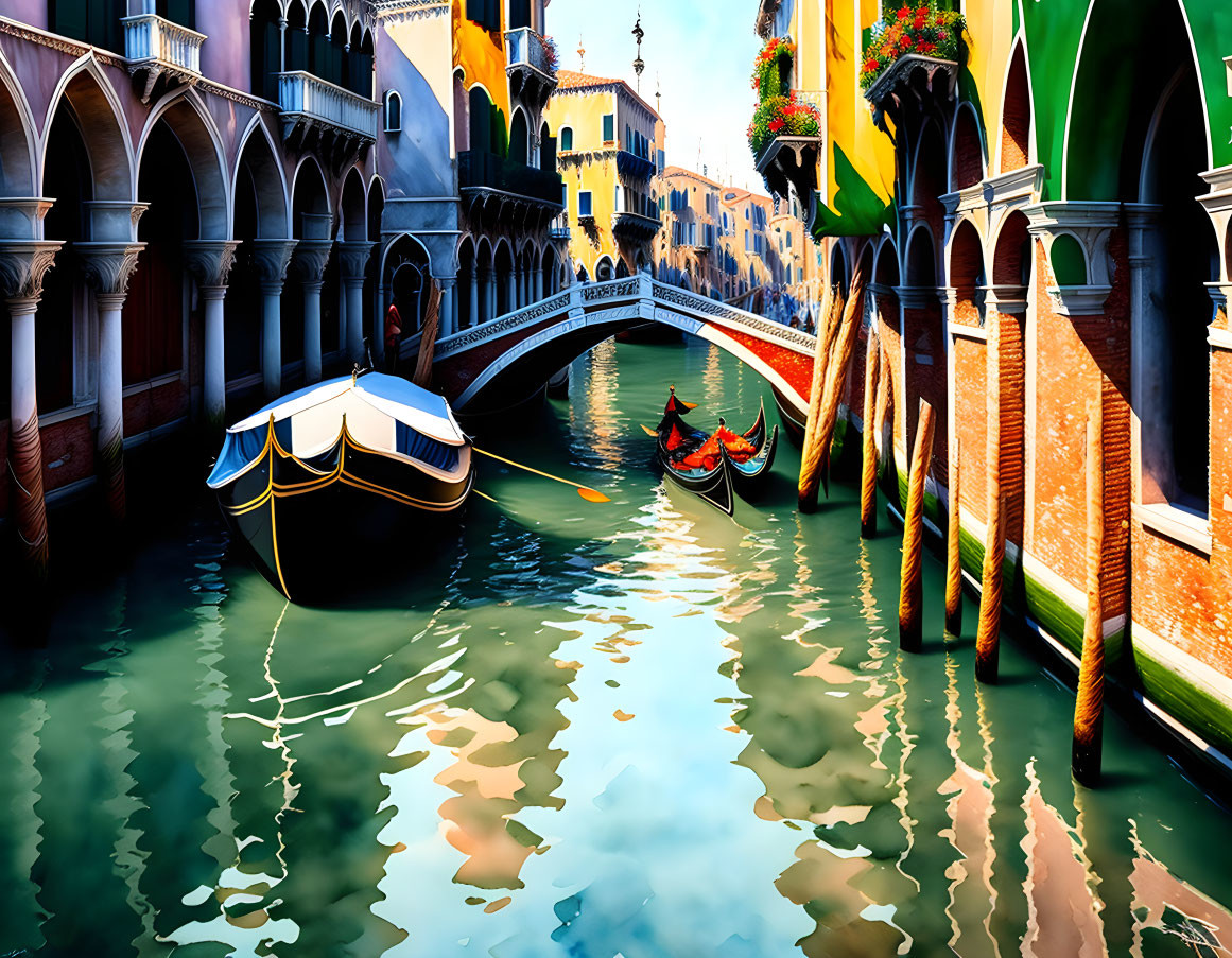 Venetian canal with gondolas and ornate architecture reflections