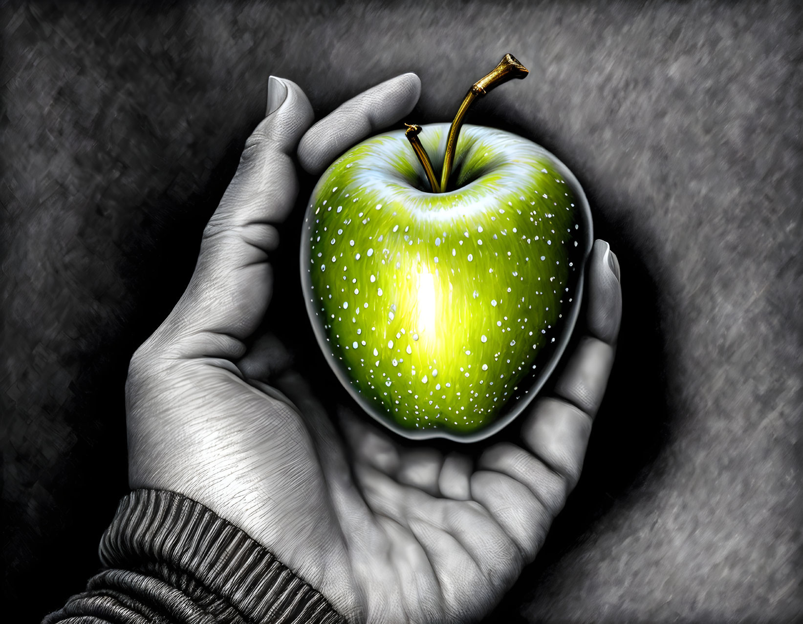 Dark-sleeved hand holding vibrant green apple on textured backdrop