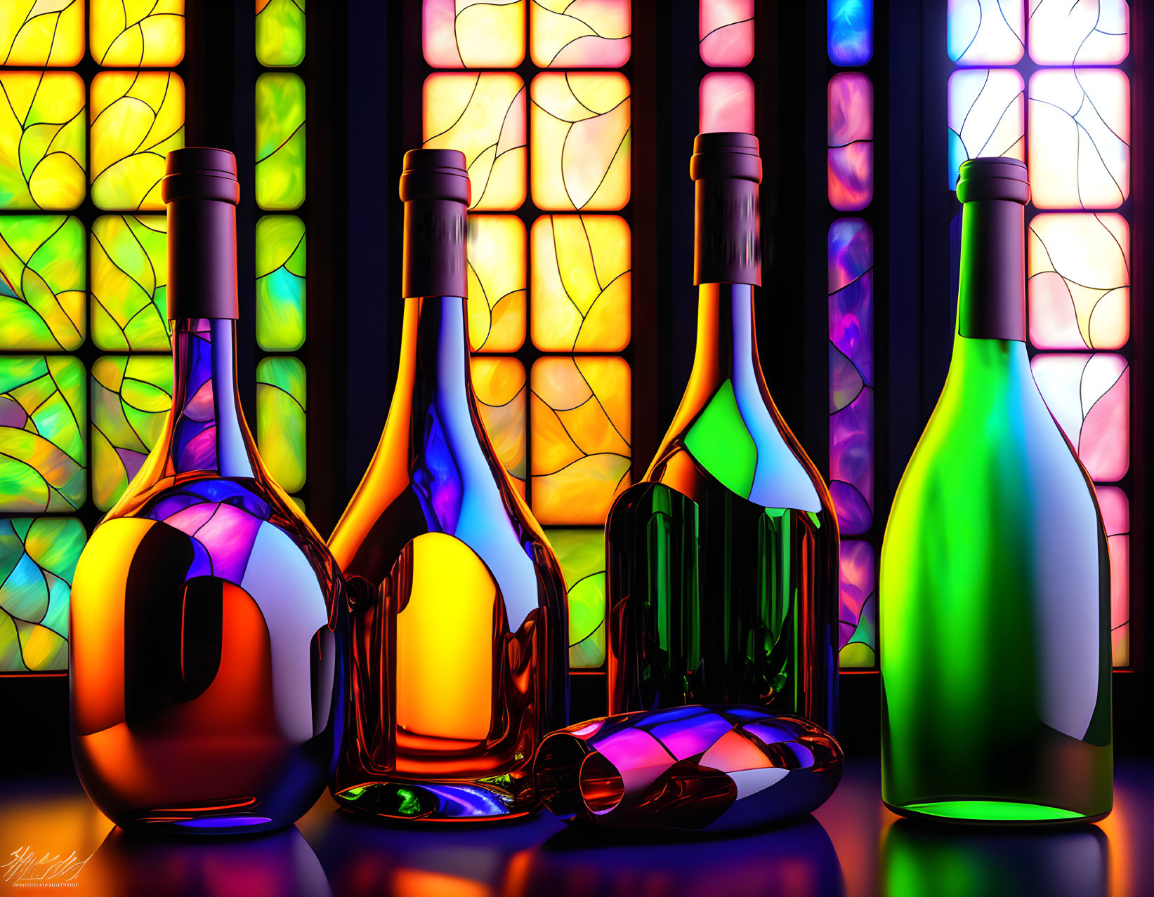 Colorful Glass Bottles Illuminated by Stained Glass Light