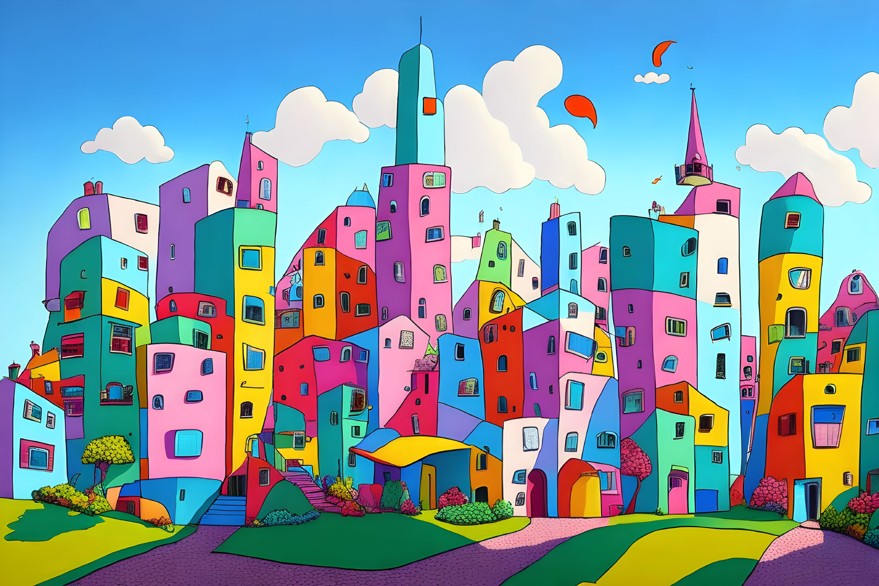 Vibrant cityscape with colorful buildings and rolling hills