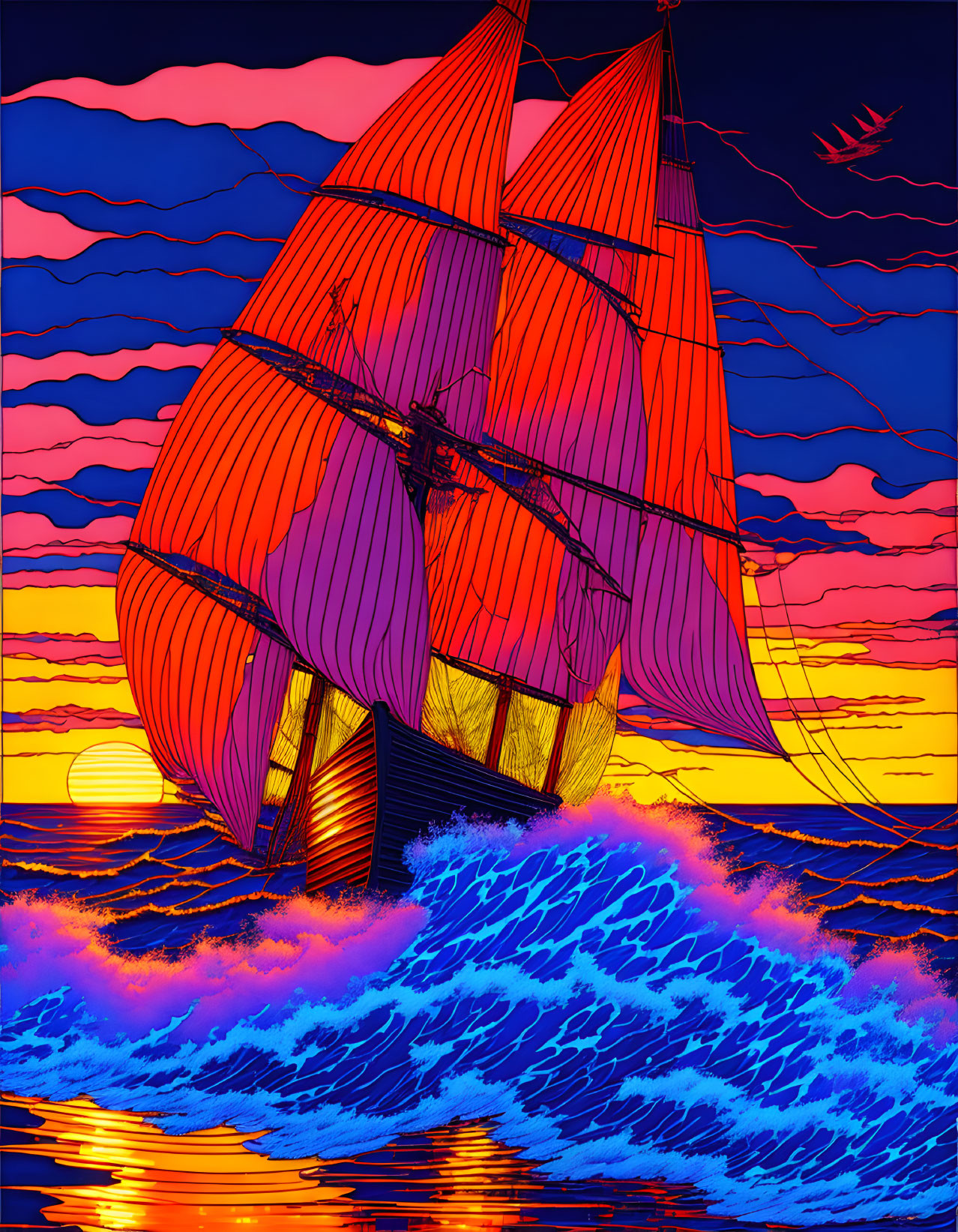 Colorful digital artwork: Ship with red sails on wavy ocean at sunset