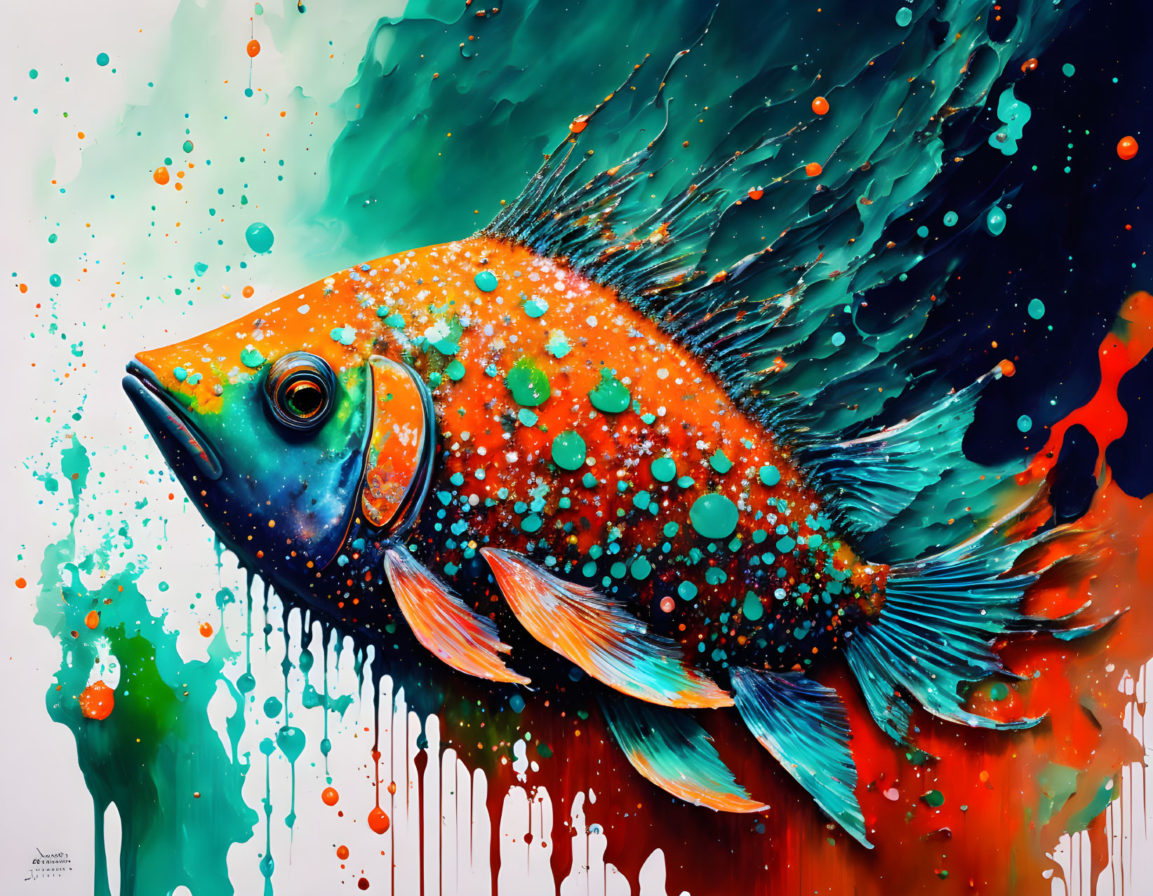 Colorful Fish Artwork with Paint Splashes and Dripping Effect