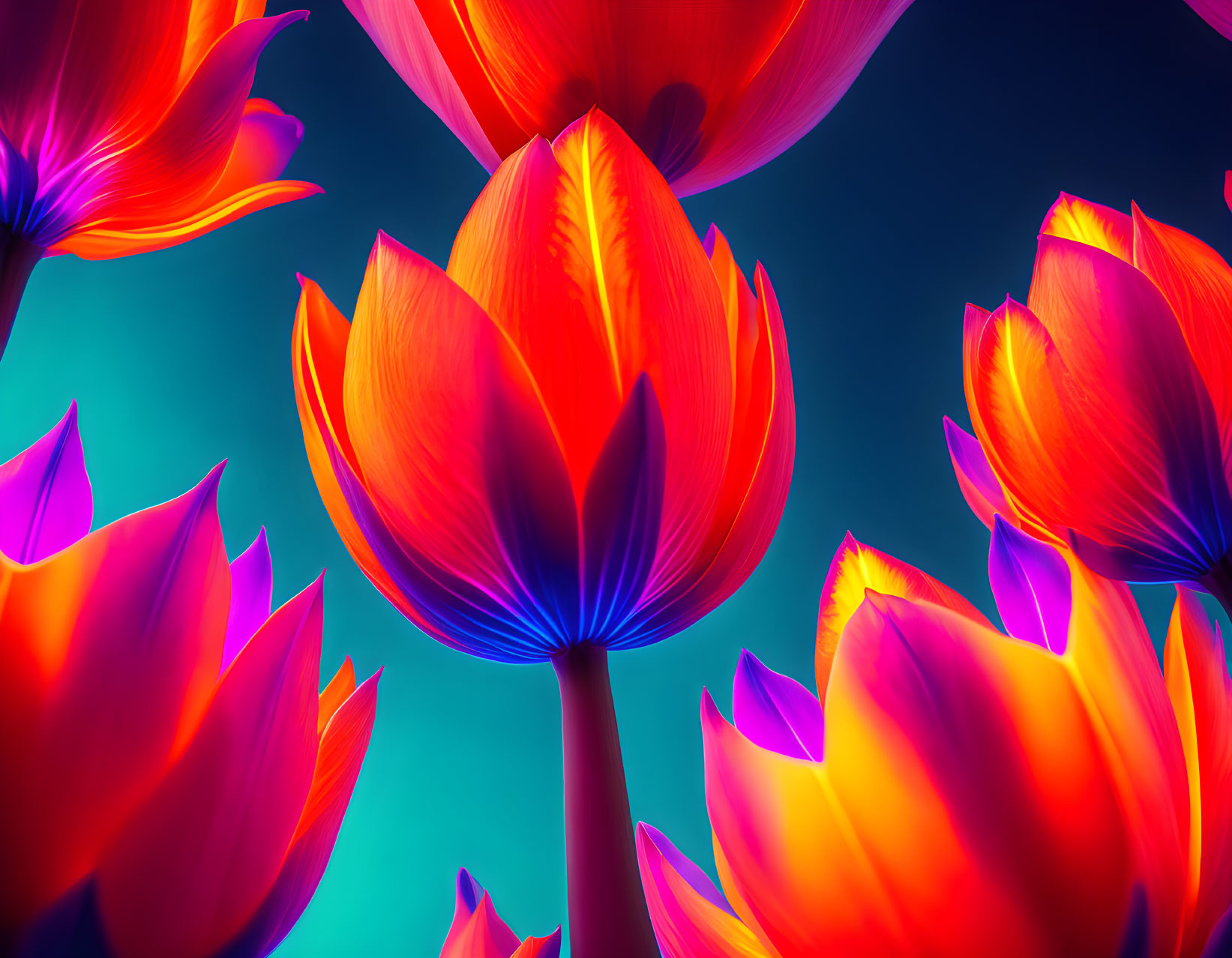 Digitally-enhanced tulips with glowing edges in fiery orange and deep blues on teal background