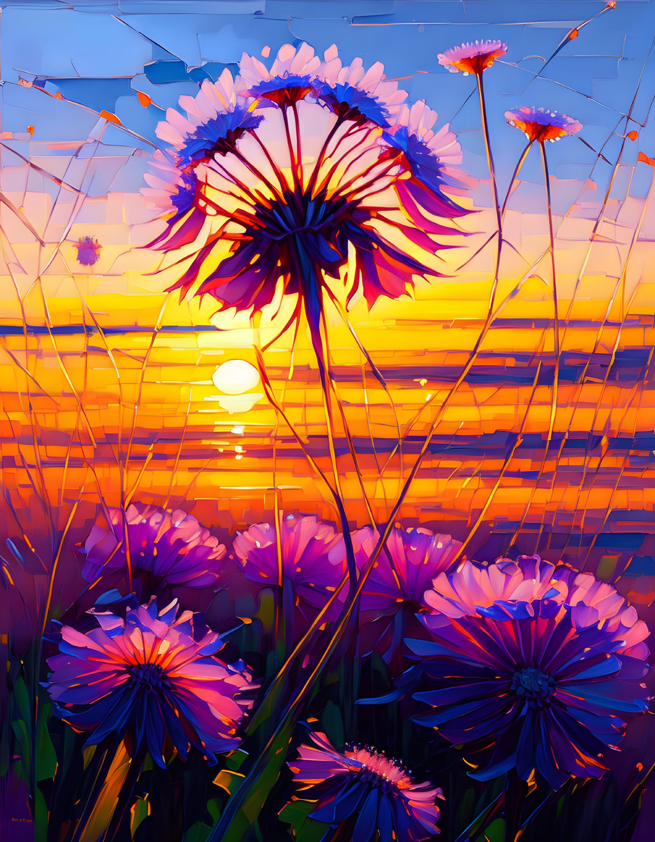 Colorful painting of purple and blue dandelions in sunset reflection