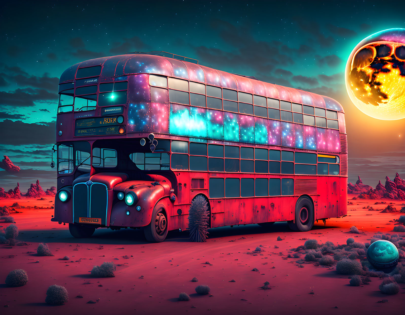 Vintage Double-Decker Bus with Cosmic Design in Surreal Desert Landscape