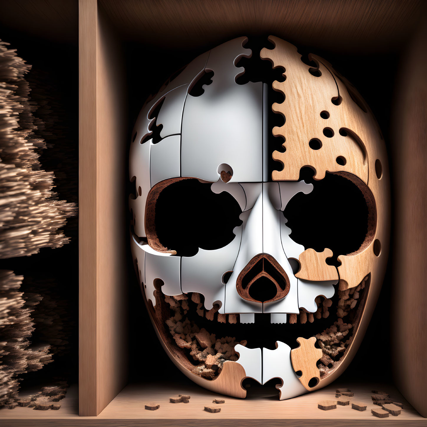 Skull 3D Puzzle on Woody Background in Closet Setting