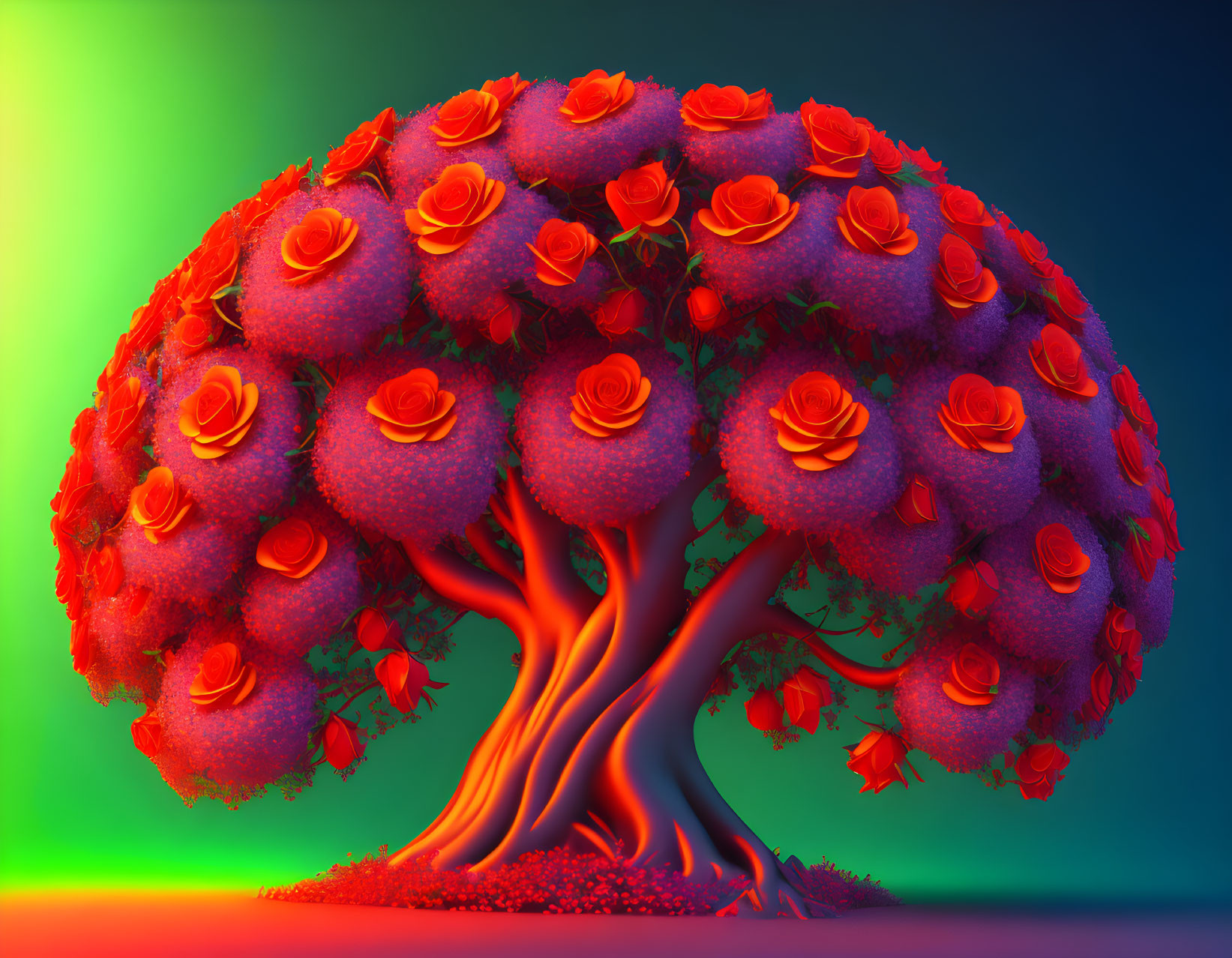 Fantastical tree with thick trunk and red roses on blue-green gradient.