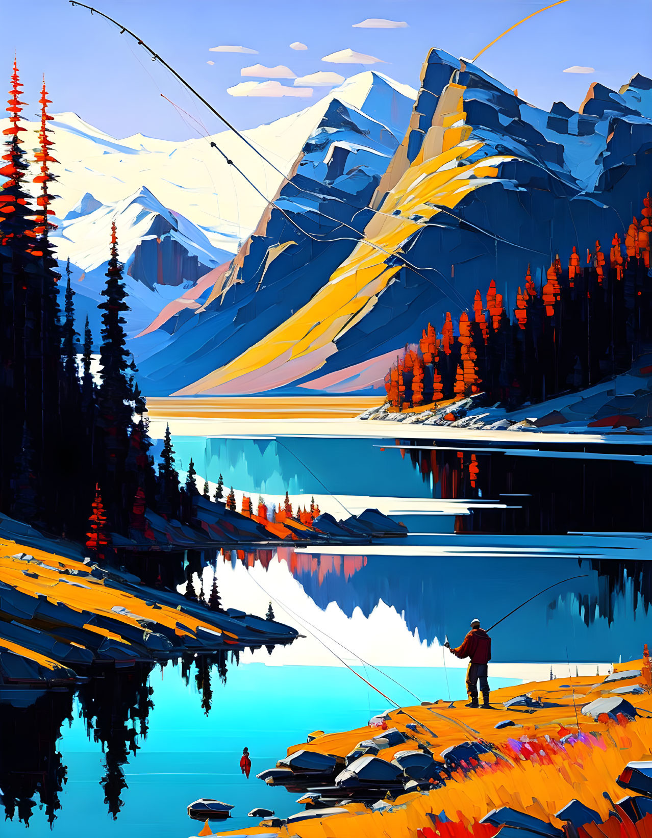 Digital artwork: Fisherman by tranquil lake with autumn trees and snow-capped mountains.