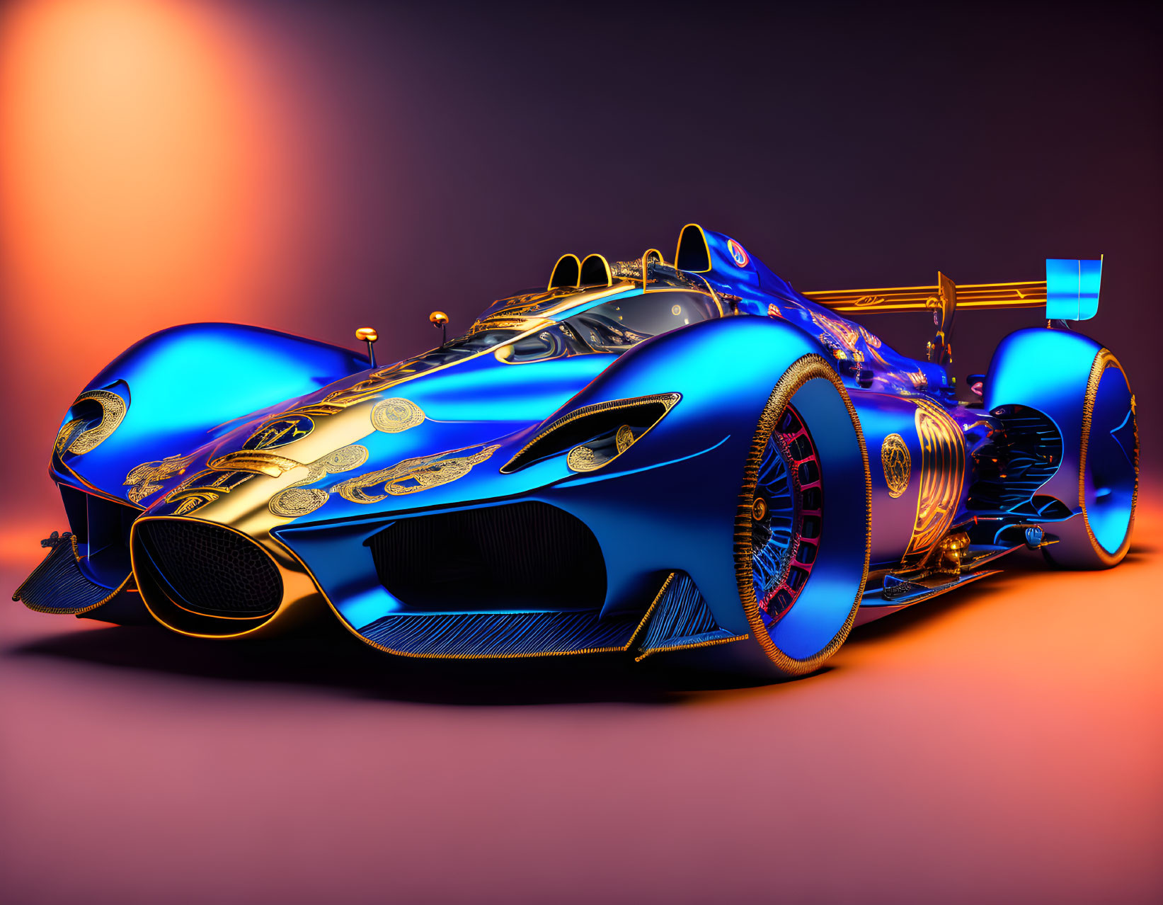 Futuristic blue and gold race car under orange and purple gradient lighting