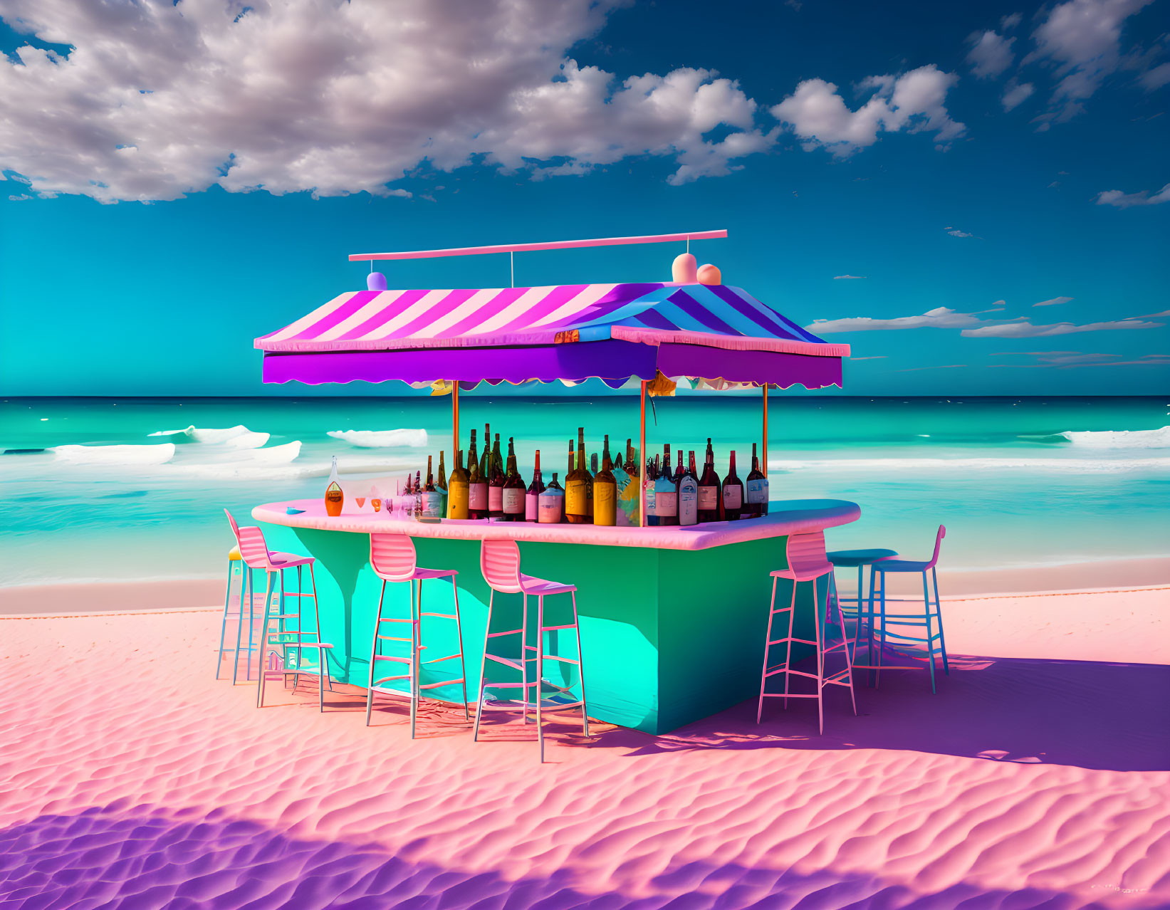 Vibrant beach bar with striped awning on pink sand beach