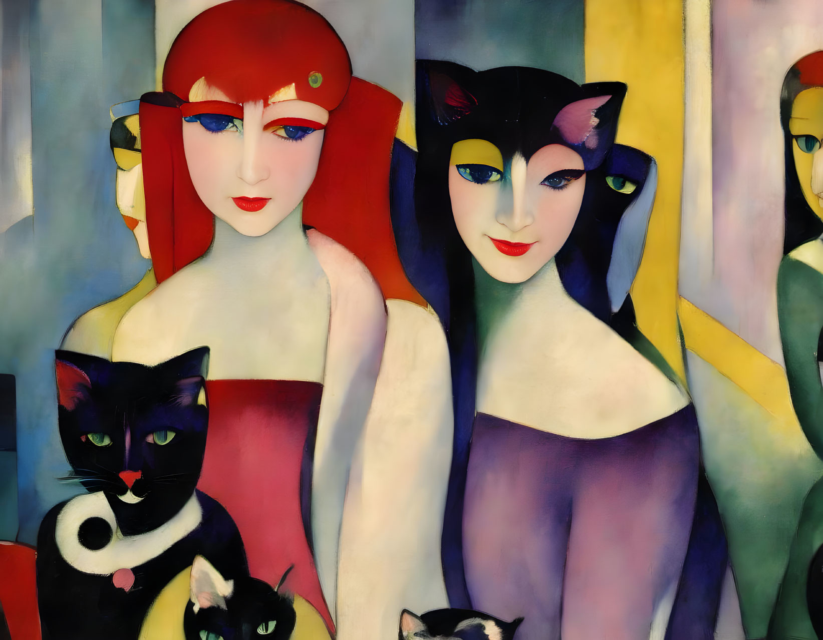 Stylized women with cat-like features in colorful attire with cats on multicolored background