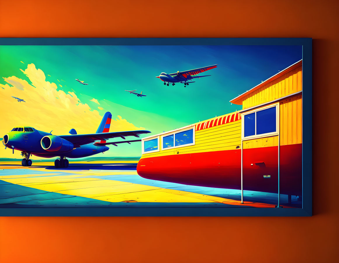 Vibrant airport scene with colorful planes displayed on a wall