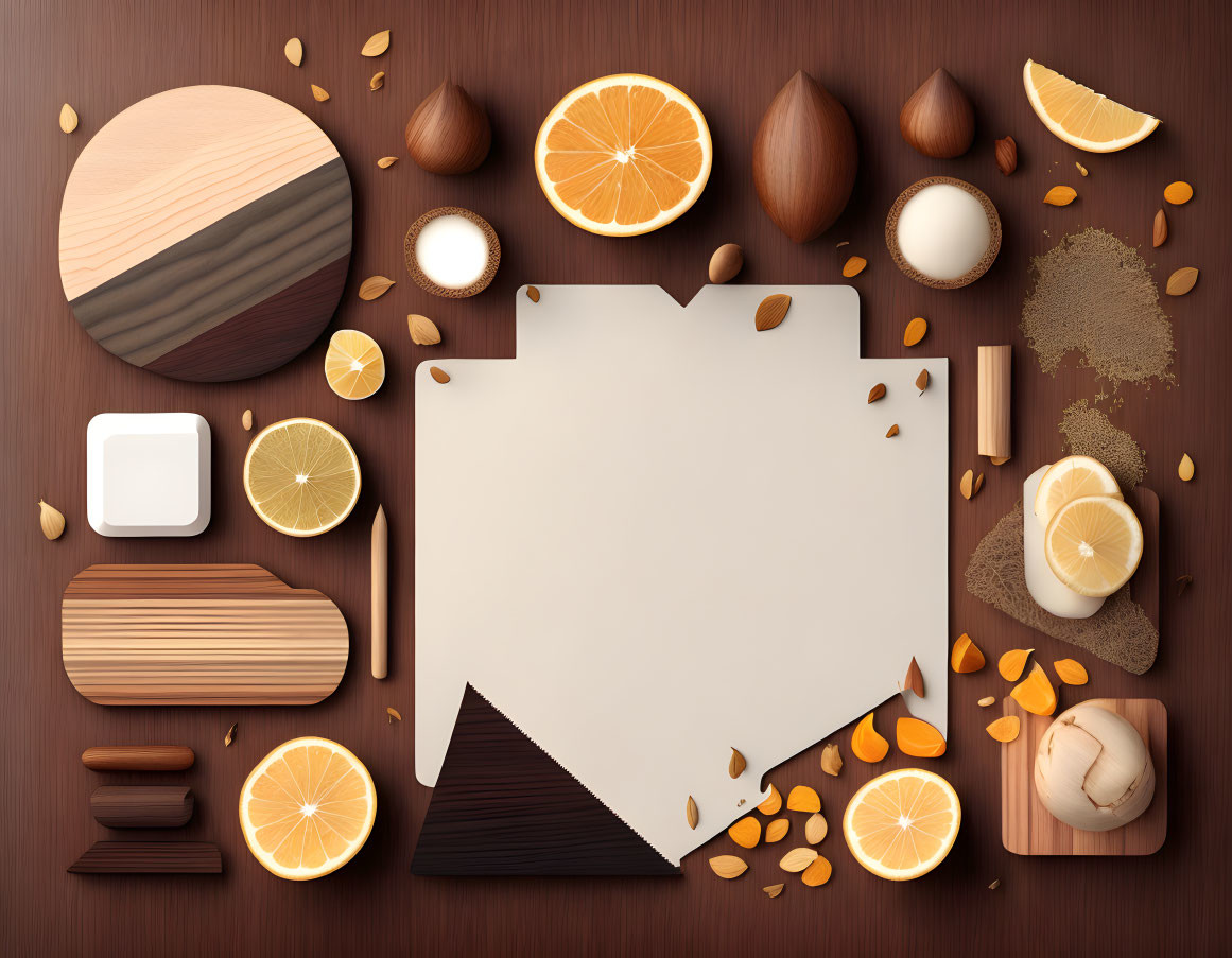 Flat Lay Composition: Sliced Oranges, Nuts, Spices, and Kitchenware on Wooden