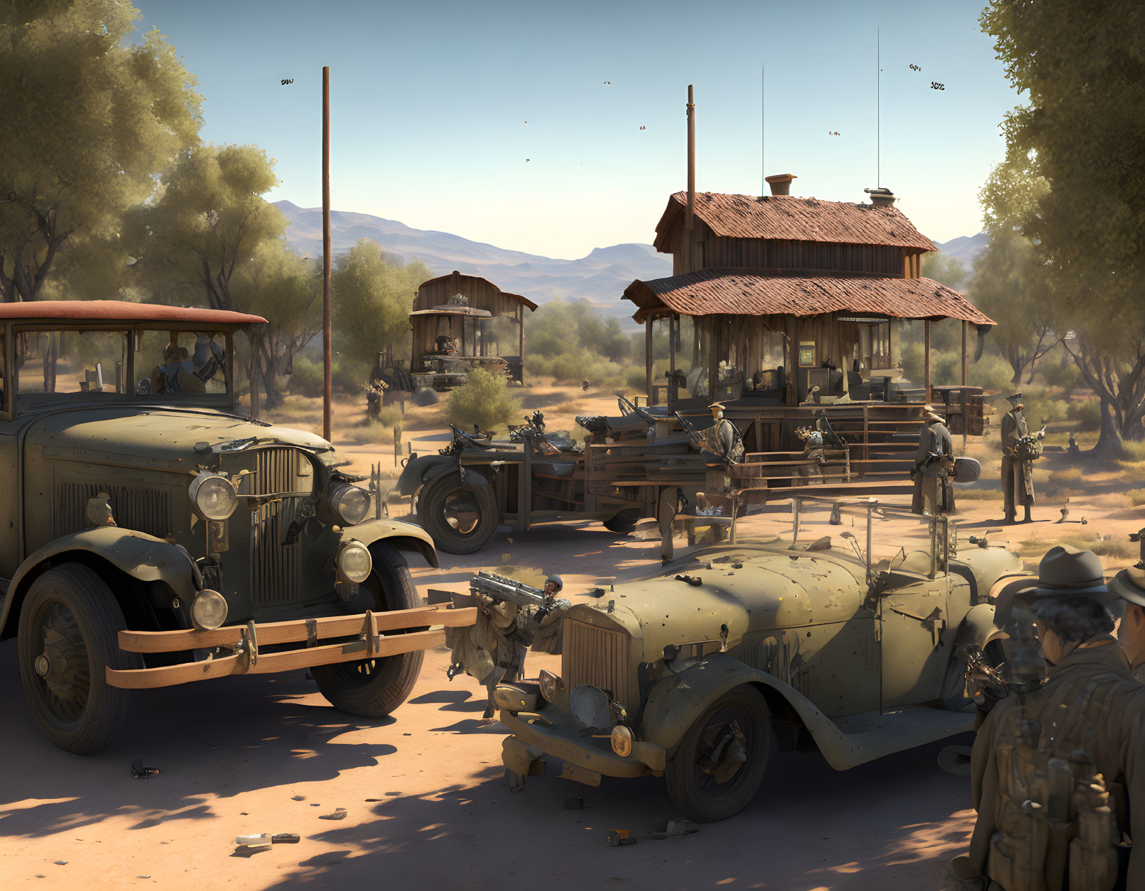 Vintage Military Encampment with Soldiers, Vehicles, and Observation Tower in Desert