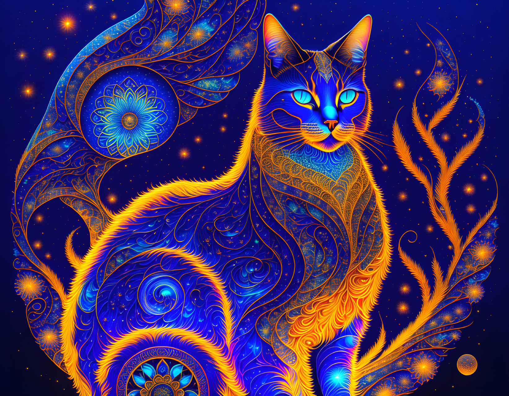 Colorful abstract cat illustration with ornate patterns on starry night sky.