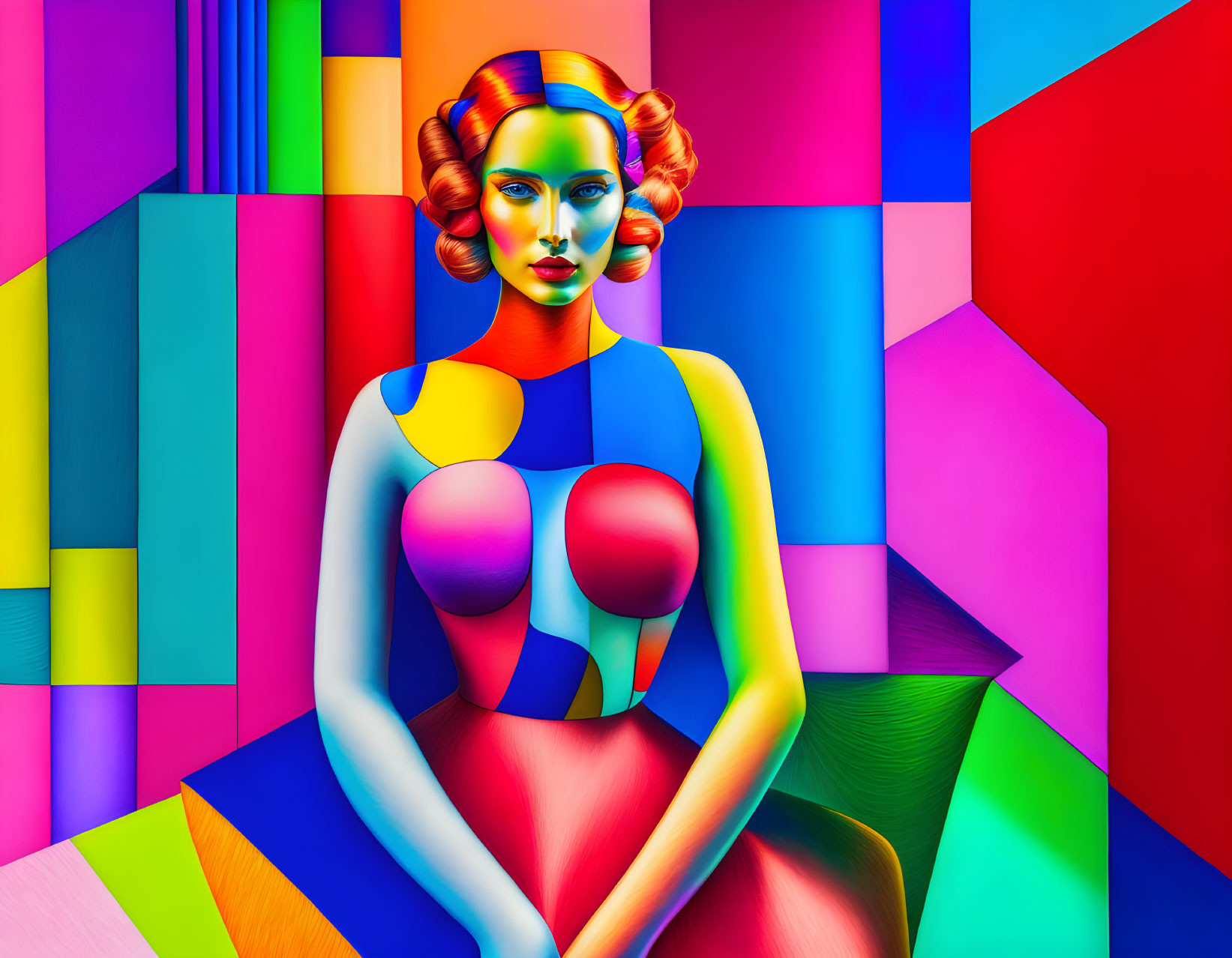 Colorful surreal digital artwork of woman with geometric patterns