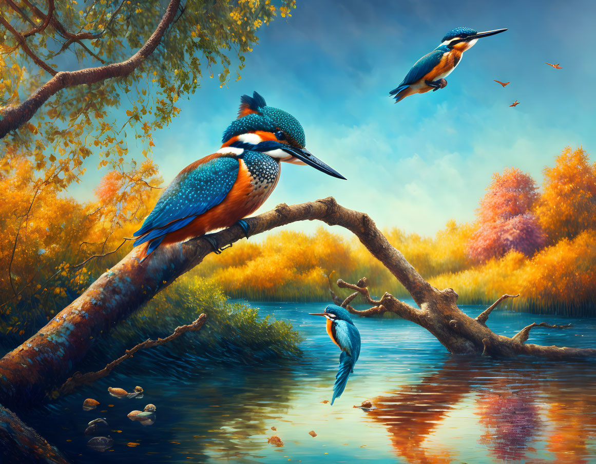 Autumn lake scene with two kingfishers perched on branch