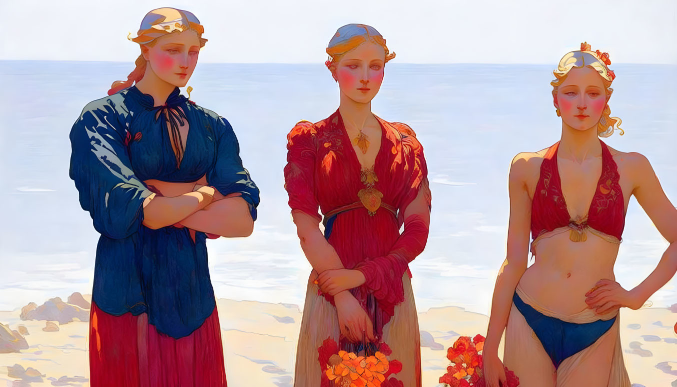 Three Women in Classical Attire by the Ocean and Sky