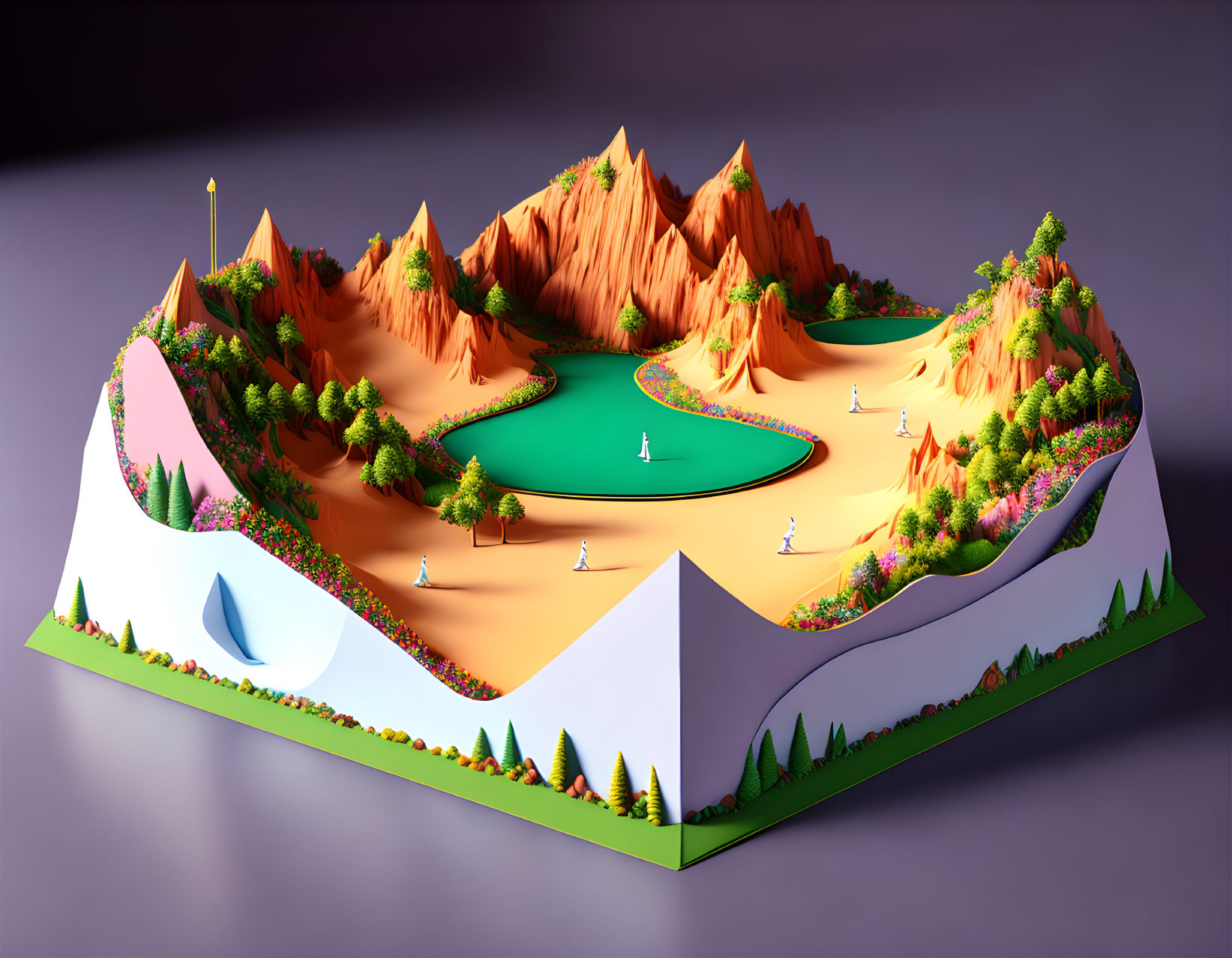 Colorful 3D miniature golf course with whimsical details and earth-themed border