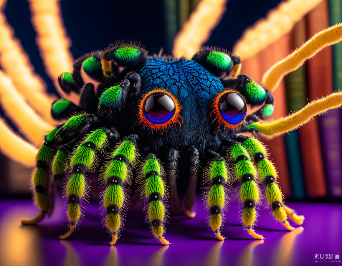 Vibrant blue spider with oversized eyes and neon green legs on blurred backdrop