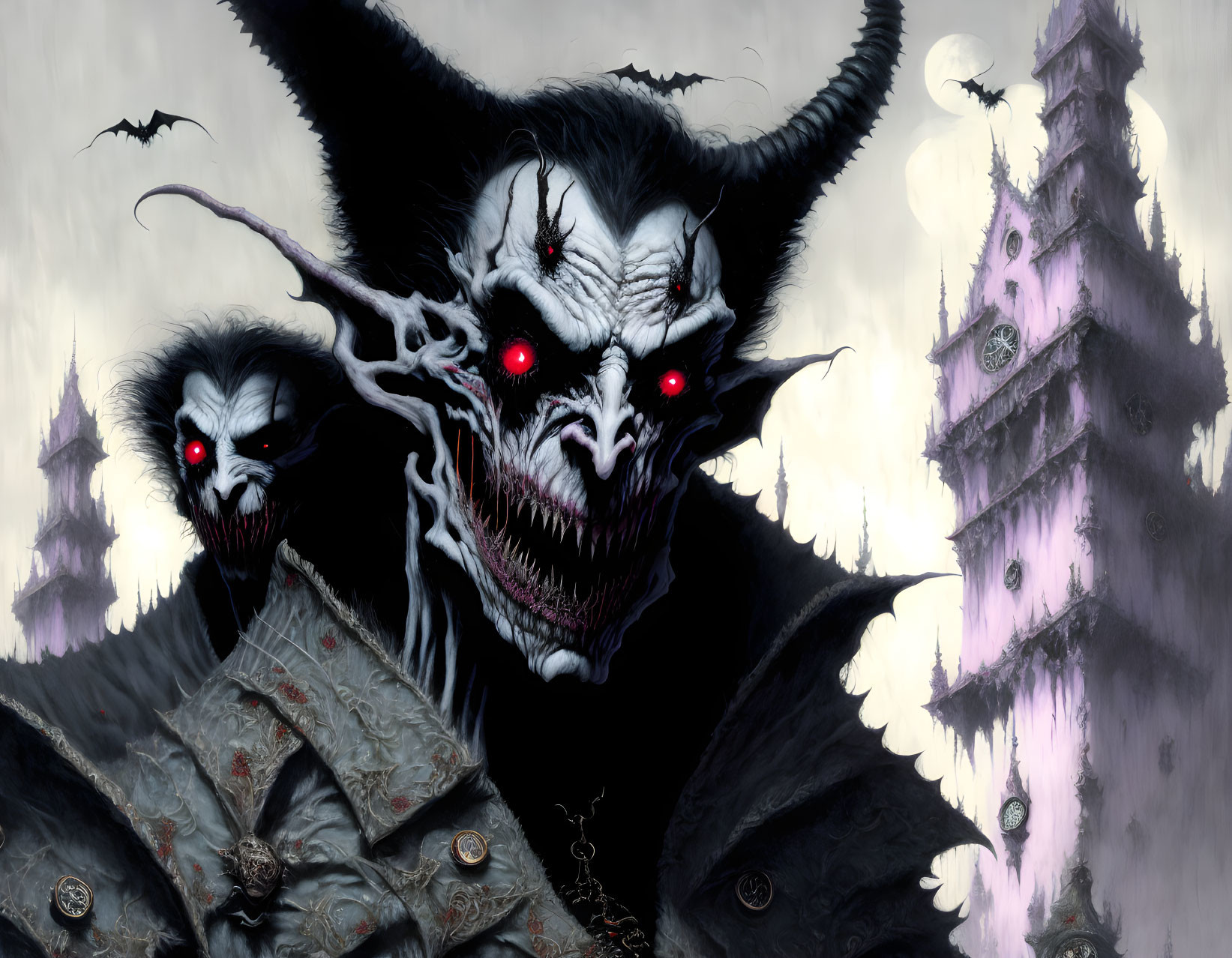 Fantasy scene: large horned creature, red eyes, sharp teeth, bats, dark towers,