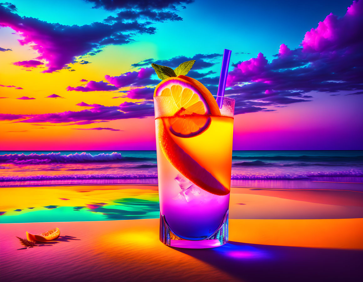 Colorful beach sunset cocktail with orange slice, mint leaf, and straw.