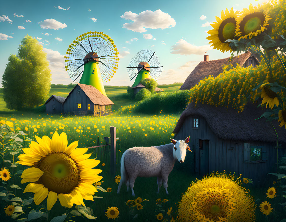 Tranquil countryside scene with thatched cottage, windmills, sheep, sunflowers, and