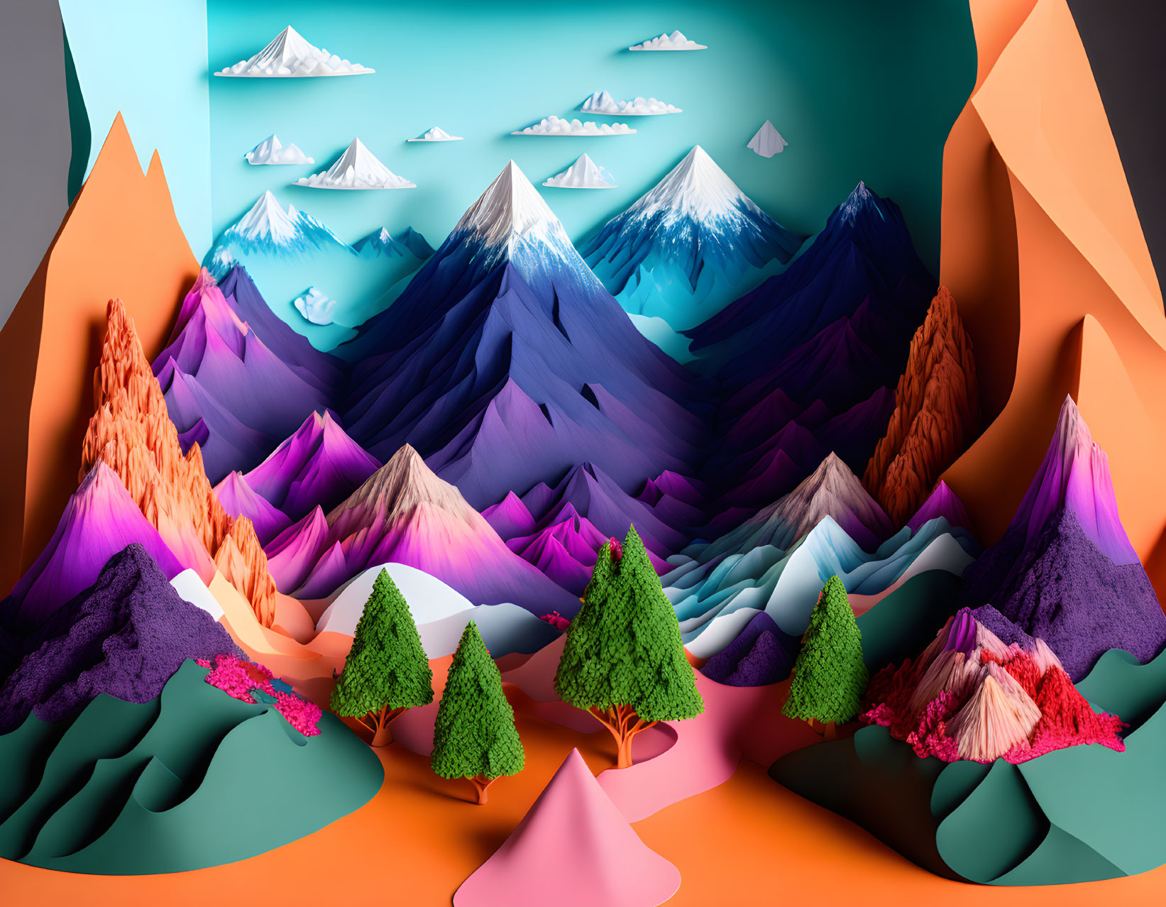 Colorful paper art landscape with mountains, trees, and geometric clouds on warm gradient.