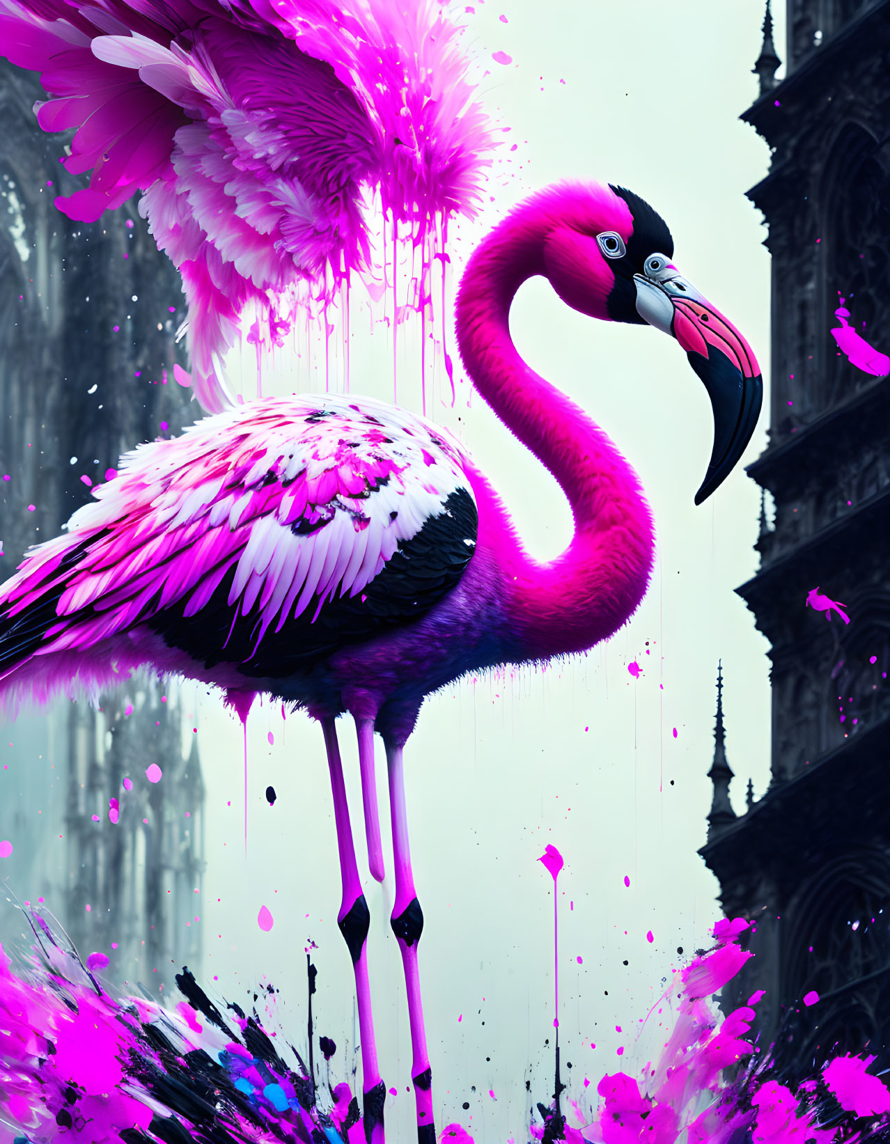 Vivid pink flamingo with stylized wings in front of gothic cathedral backdrop