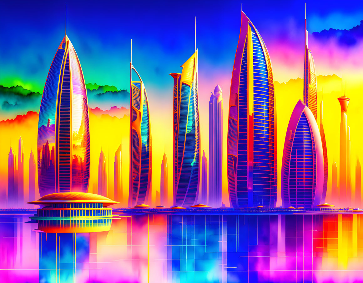 Futuristic cityscape digital artwork with colorful skyscrapers and psychedelic sky