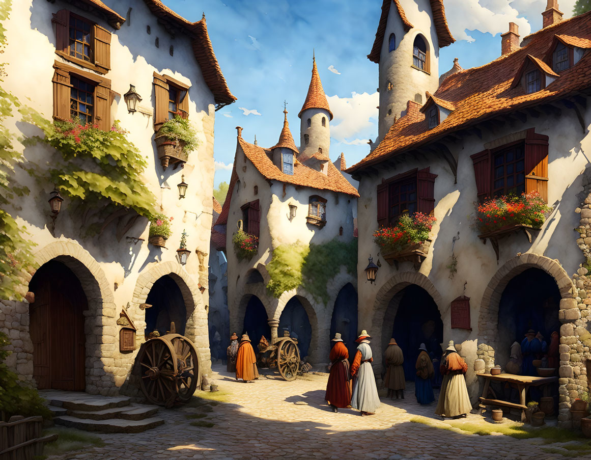 Medieval village scene with cobblestone streets, stone houses, and blooming flower baskets