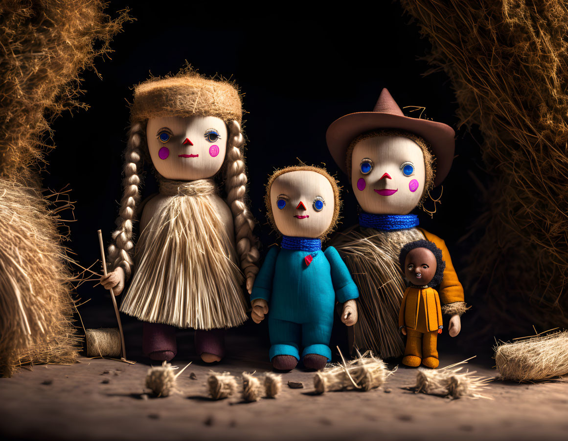 Four vintage handcrafted dolls in assorted costumes posed among hay with dark background