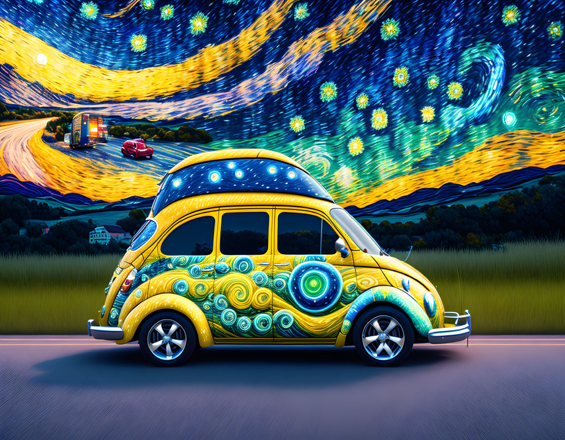 Yellow Volkswagen Beetle with Van Gogh's "Starry Night" patterns driving through vibrant landscape