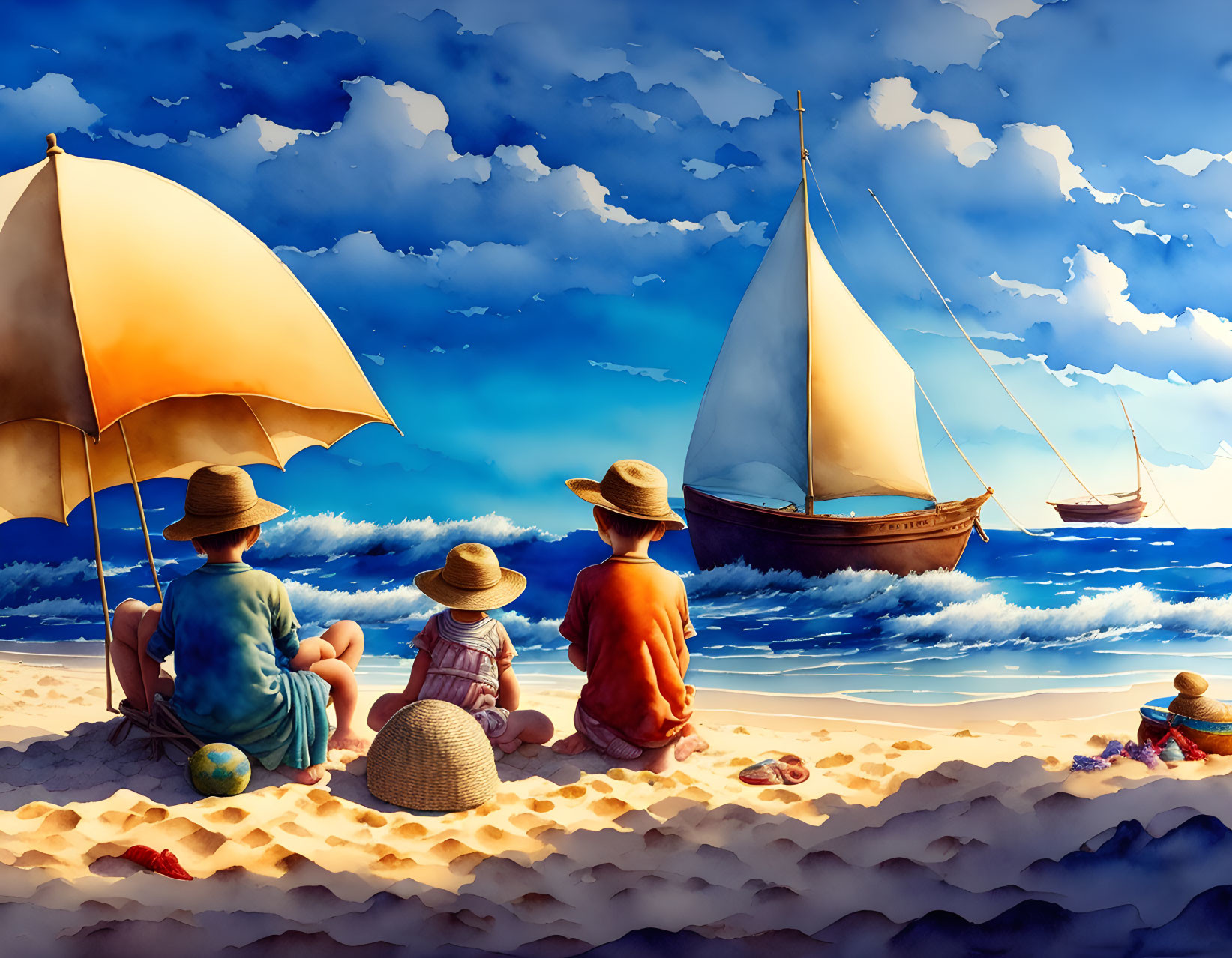 Four people in hats under umbrella on sandy beach with sailboats and blue sky