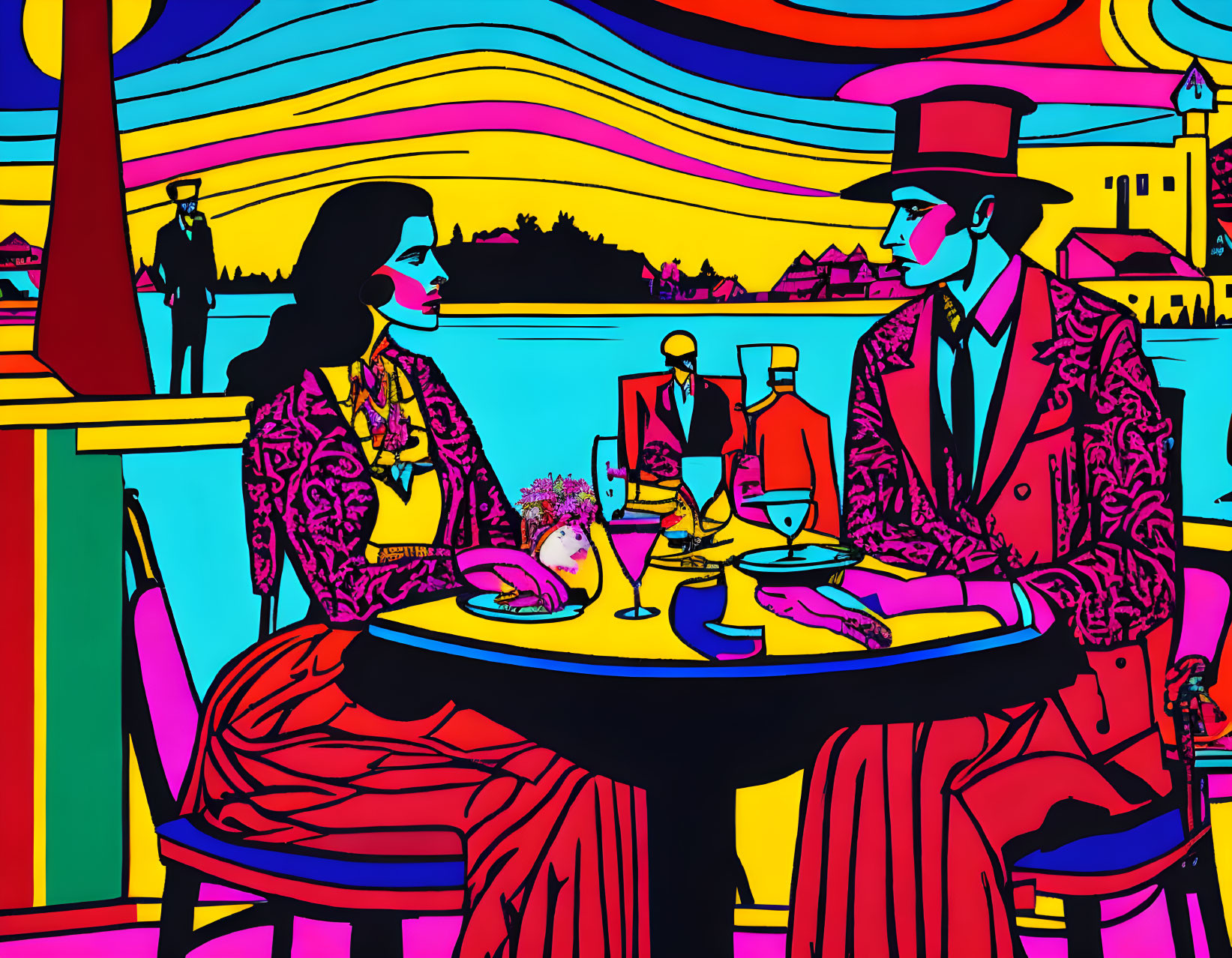 Colorful Pop Art Style Image of Man and Woman at Table