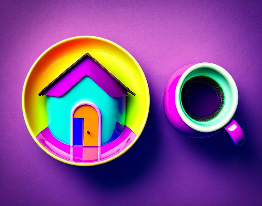 Colorful cup on house-shaped saucer with matching coffee cup on purple background