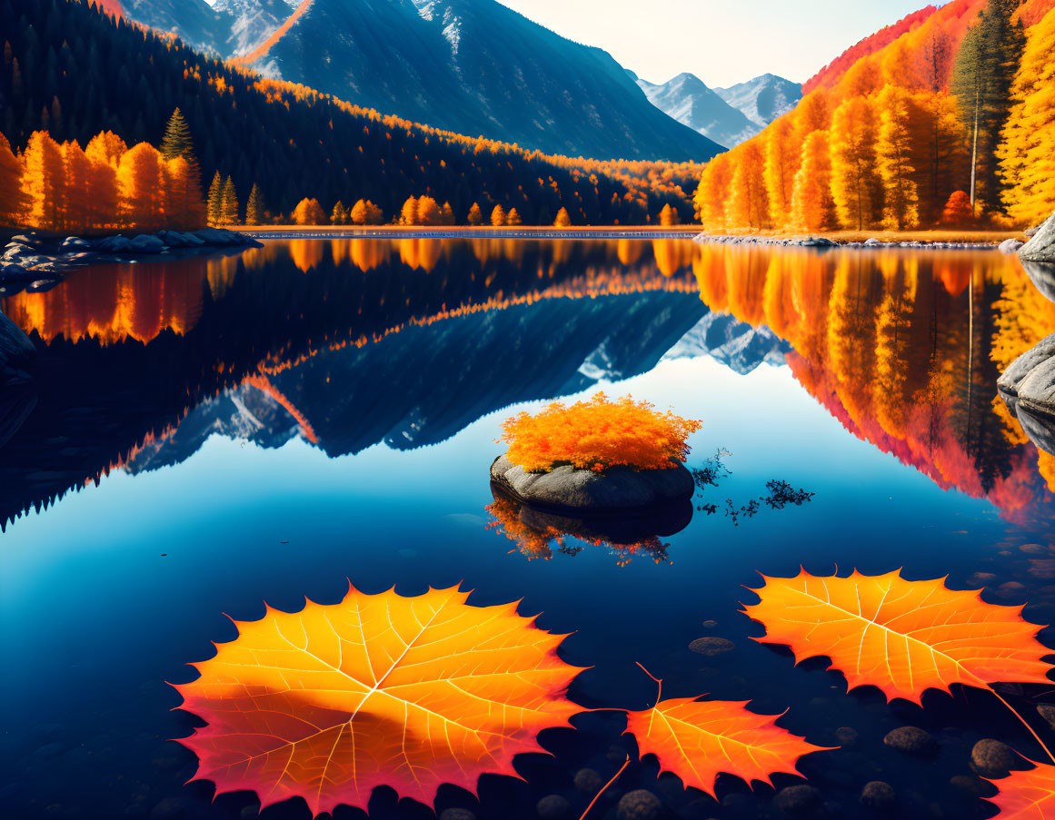 Colorful autumn leaves reflected on serene lake with fiery trees and mountains under clear blue sky