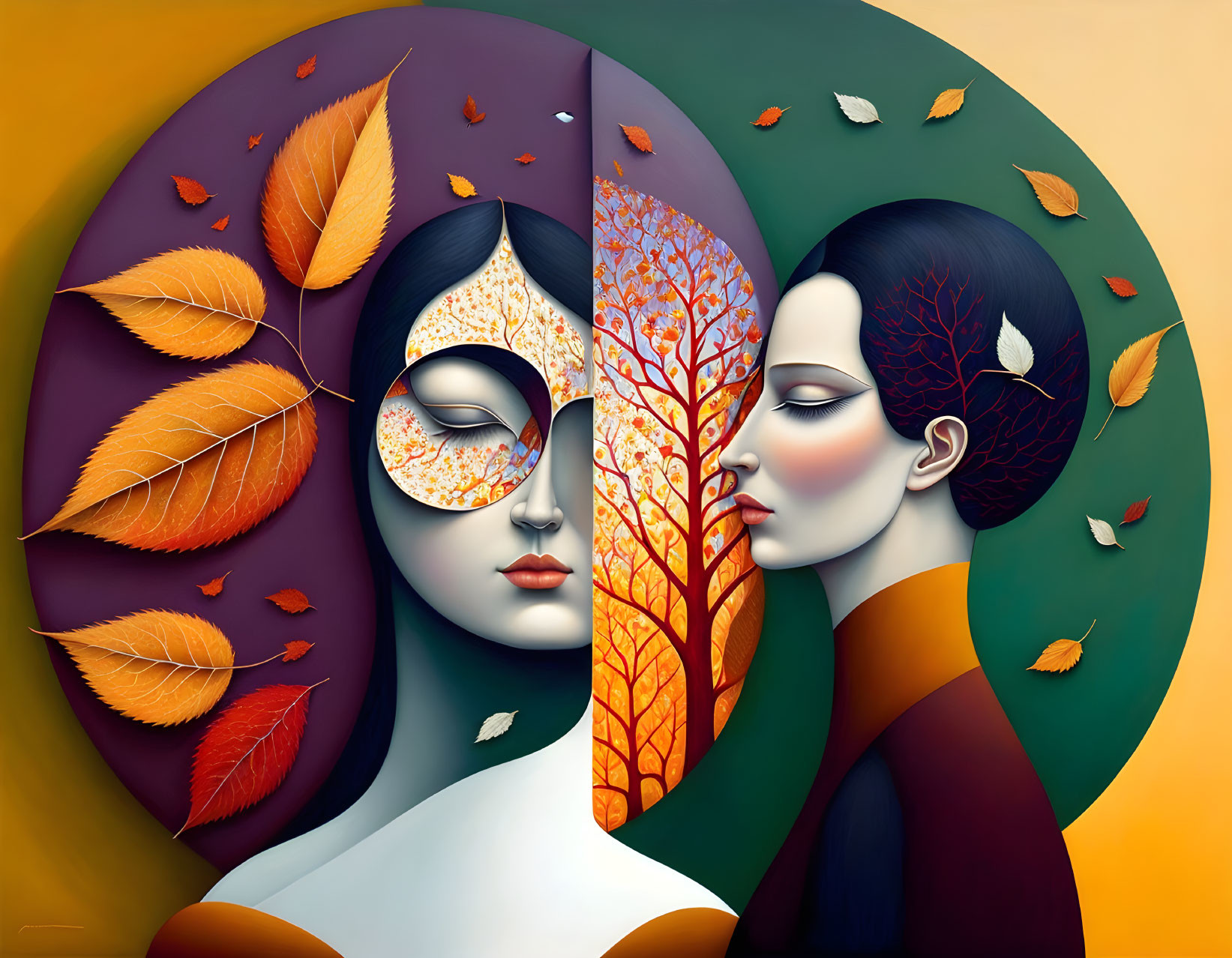 Stylized female figures with nature-inspired designs on faces against dual-tone backdrop