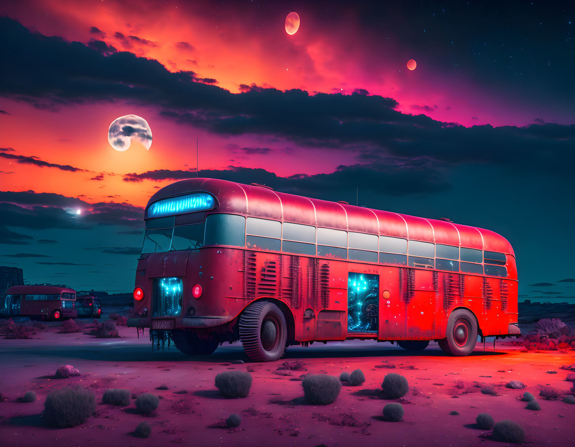 Red futuristic bus under twilight sky in desert with moon