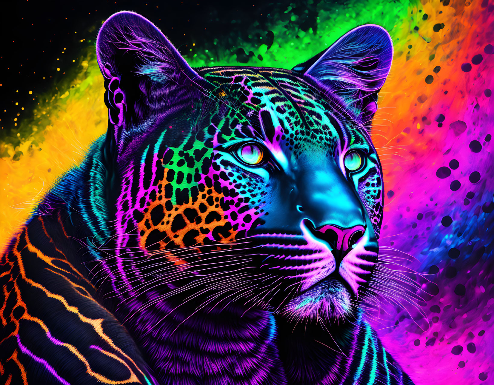 Colorful Leopard Artwork with Neon Rainbow Hues on Cosmic Black Background