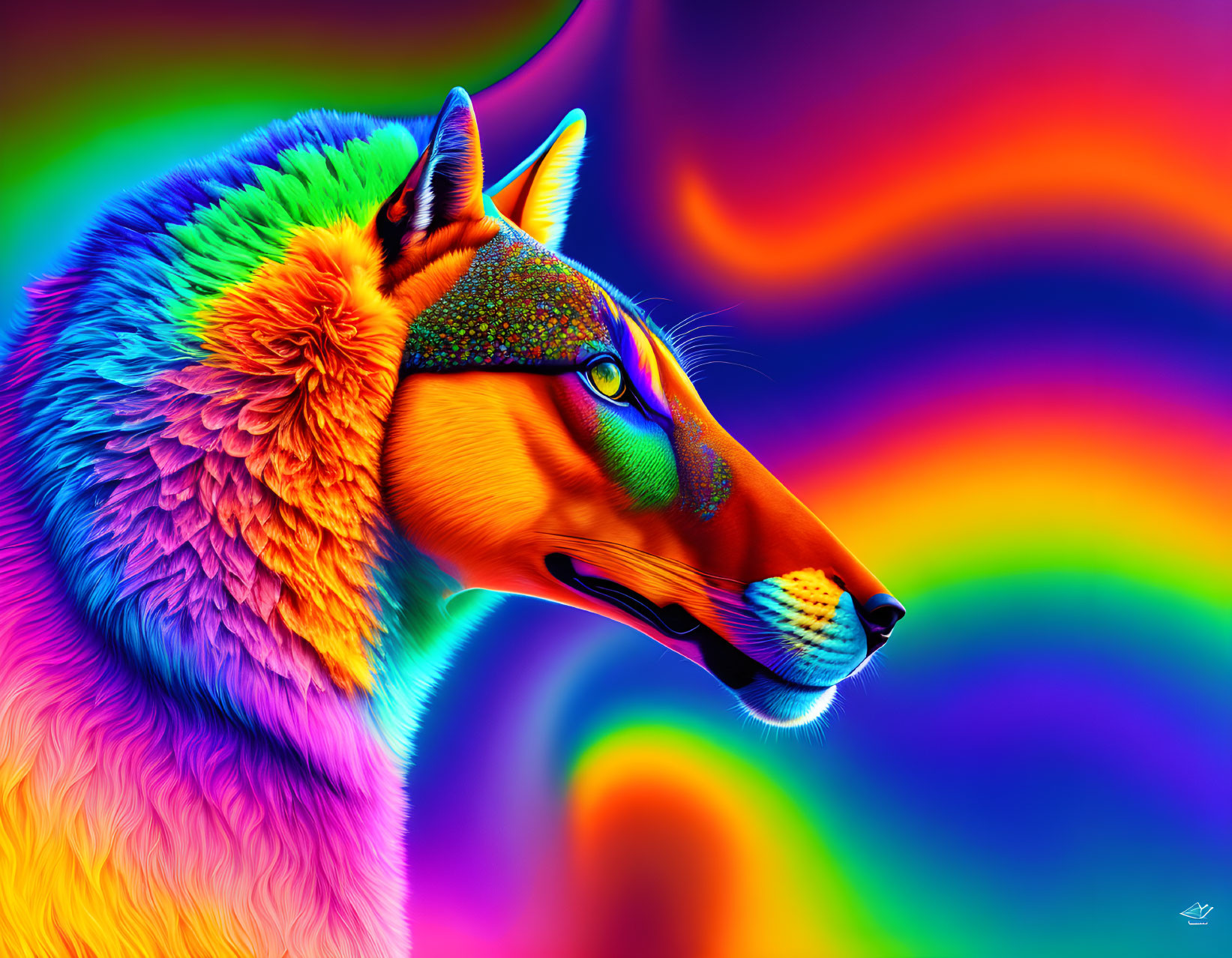 Colorful Digital Artwork: Rainbow Wolf on Swirl Background