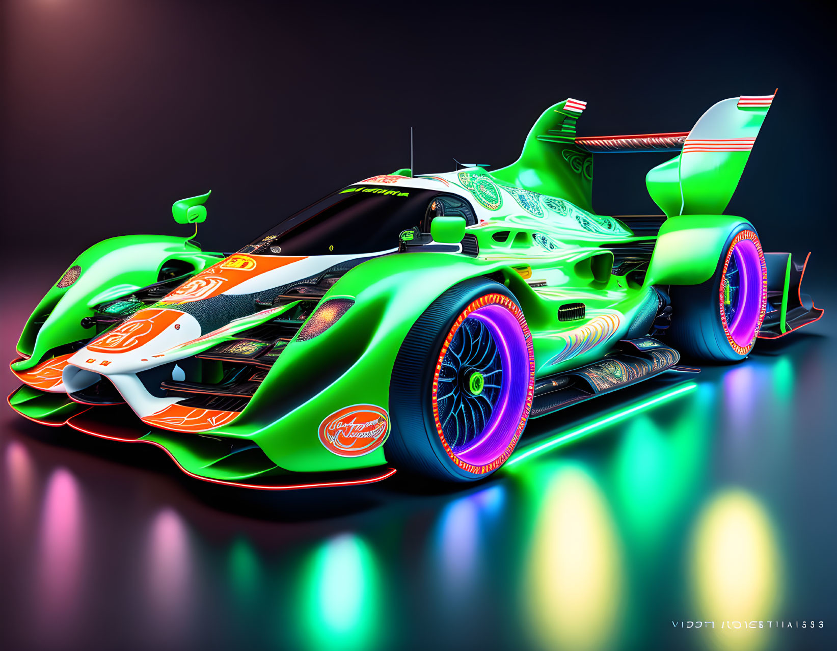 Colorful Green and Orange Race Car with Aerodynamic Features on Dark Background
