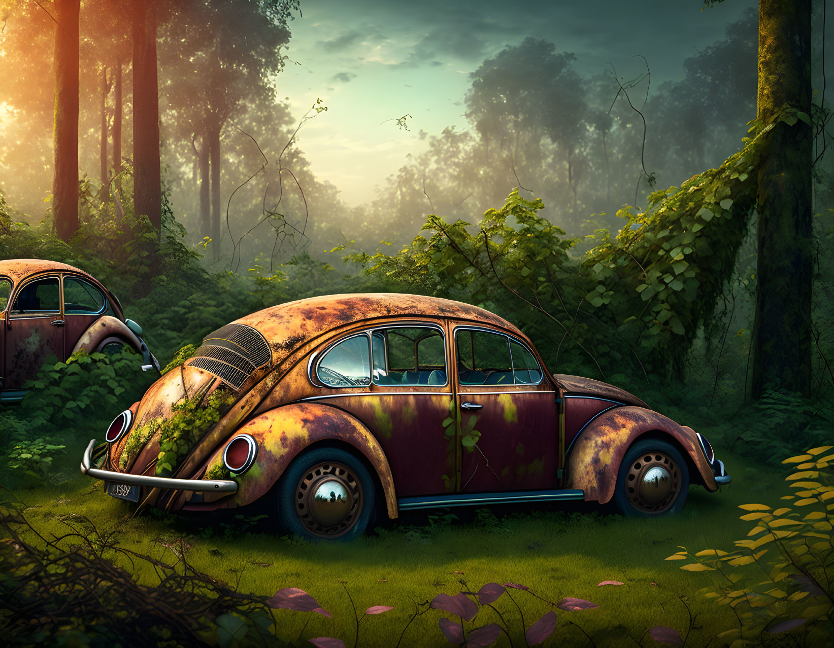 Abandoned Rusty Vintage Cars in Lush Forest