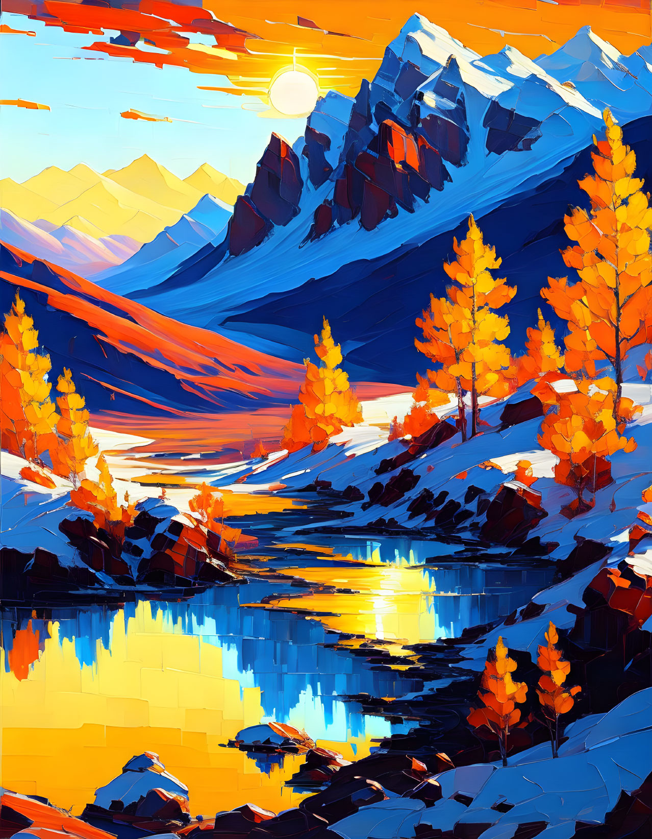 Colorful Autumn Trees, Blue River, Snow-Capped Mountains & Sunset Sky