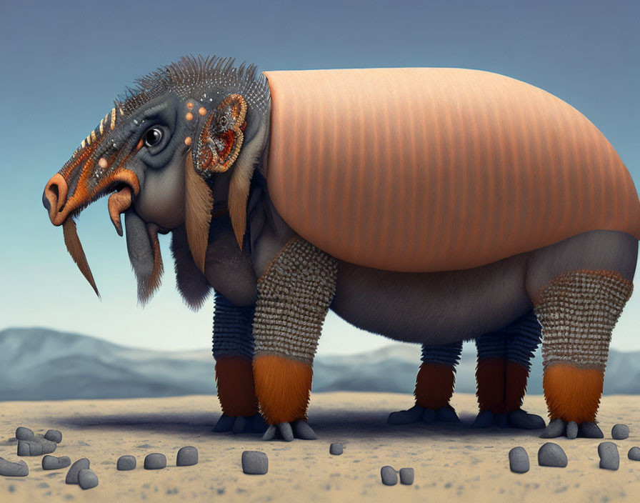 Fantasy creature digital illustration: Woolly mammoth with vibrant patterns in desert.