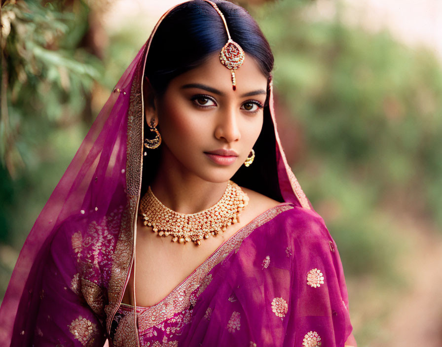 Traditional Indian woman in purple saree and maang tikka jewelry poses serenely