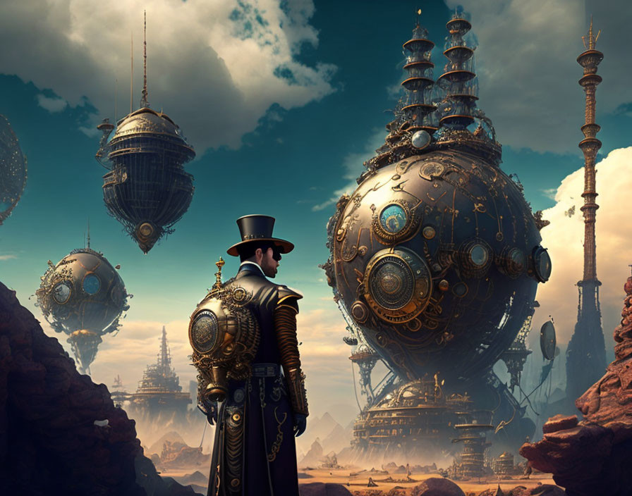 Victorian-themed steampunk landscape with metallic structures and floating spheres.