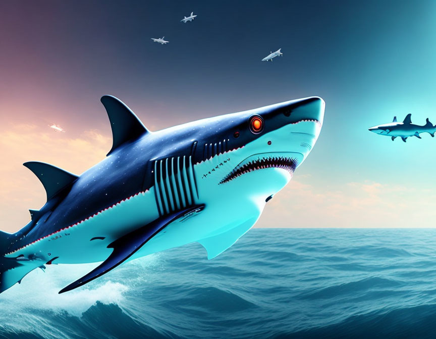 Digital Art: Mechanical Sharks with Glowing Red Eyes Leaping at Sunset