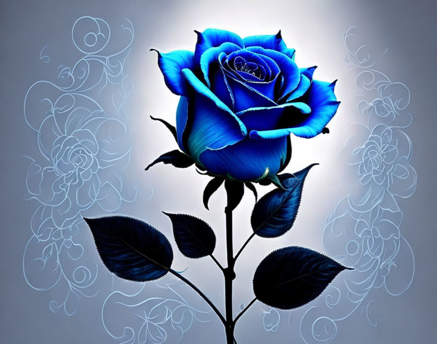 Blue Rose and Dark Leaves on Grey Background with White Floral Patterns